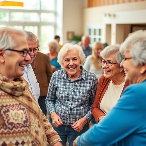 A diverse group of older adults smiling and interacting in a bright, welcoming common area
