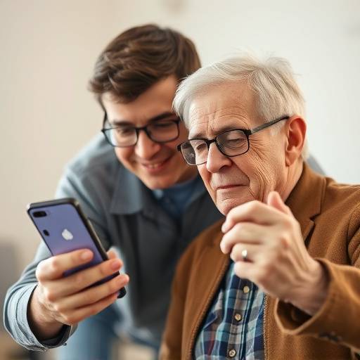 A friendly instructor guiding an older adult through Viber settings on a smartphone