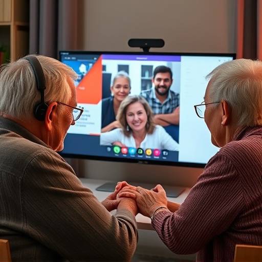 A group of seniors gathered around a screen, looking at a Viber video call demonstration