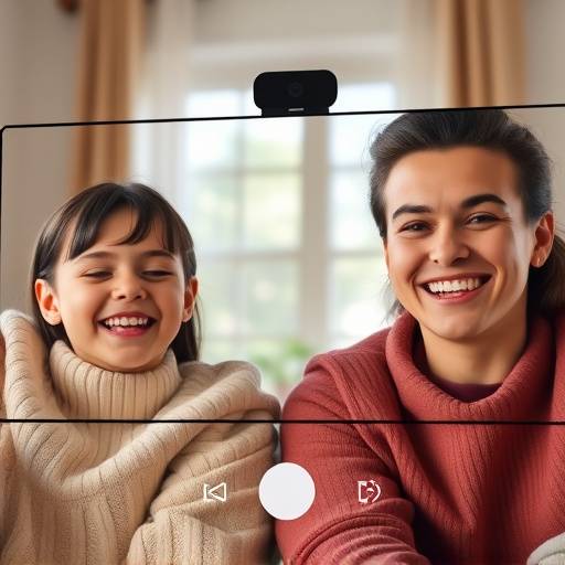 A screenshot simulation of a successful video call between family members, showing happy faces