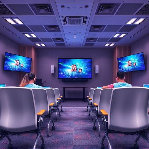 A serene photo of a comfortable learning environment with multiple screens and chairs