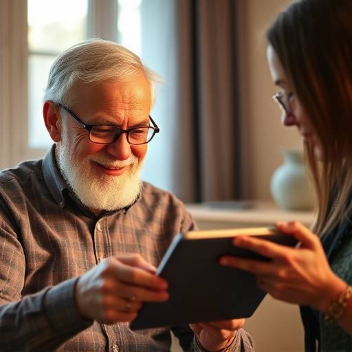 An older adult smiling while learning to use WhatsApp on a tablet with a facilitator