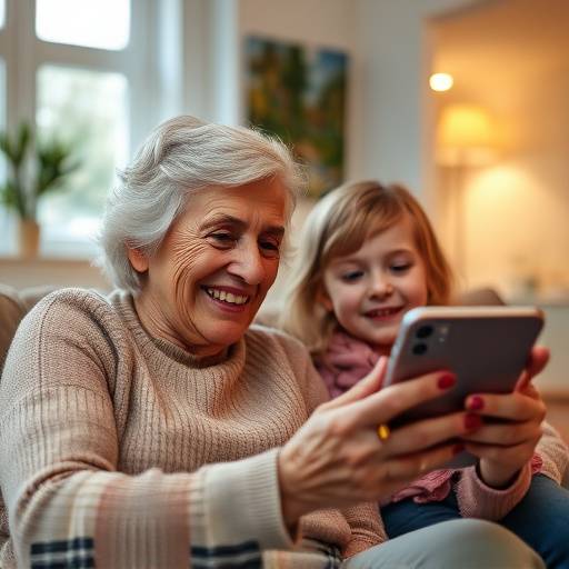 An older couple happily looking at a tablet displaying a Viber call from their grandchildren