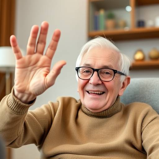 An older person happily waving during a video call demonstration on a large screen