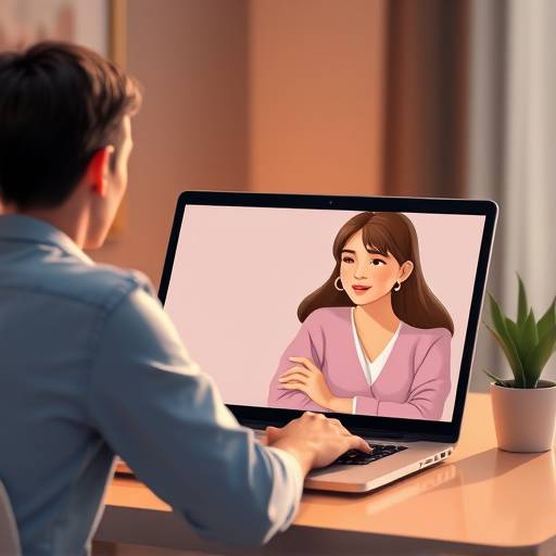 Illustration of two people video calling on a laptop